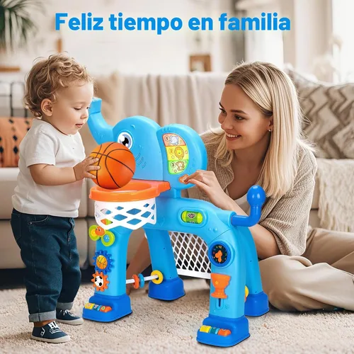 Vista 6 de Aro de baloncesto y portería de fútbol para niños de 1, 2, 3 años, juguete deportivo para niños con música de sonido ligero, juguetes Montessori Azul