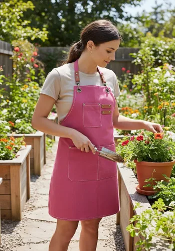 Vista 8 de Chef Aprons with Large Pockets for Women Men, Cotton Canvas Cross Back Water Repellent Work Apron with Adjustable Straps for Size M-XXL (Pink+Grey)