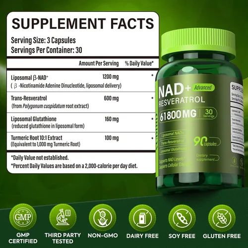 Vista 8 de Suplemento liposomal NAD con resveratrol 1200 mg por porción - NAD Resveratrol para mujeres y hombres - Suplemento NAD+ de alta pureza de 1200 mg