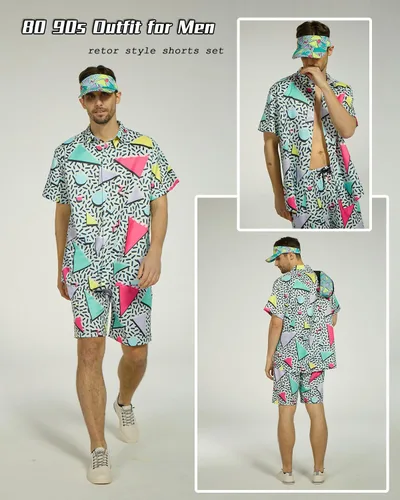 Vista 4 de kasahara Traje de los años 80 y 90 para hombre, camisa hawaiana retro y conjunto corto para hombre, ropa de los años 80, disfraz de los años 90