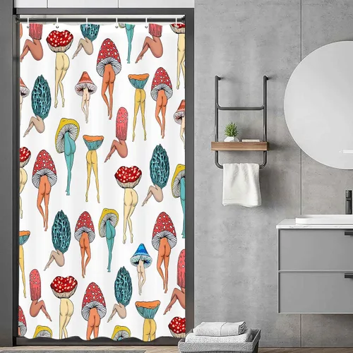 Vista 18 de Divertida cortina de ducha con trasero de hongo, divertida y sexy, de los años 70 y 80, cortinas de ducha de tela para baño, hippie, psicodélico