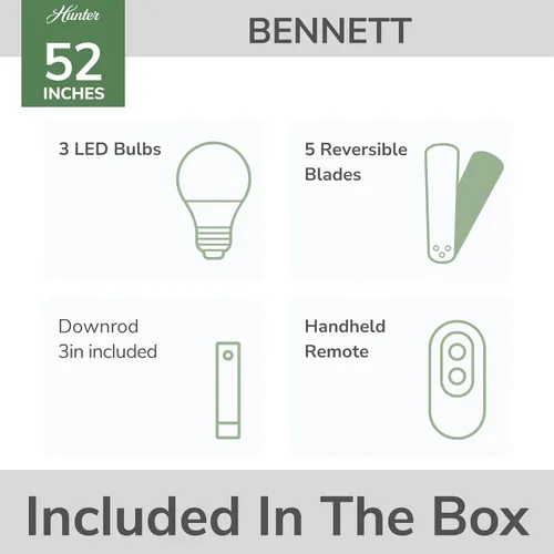 Vista 6 de Hunter Bennett 54190 - Ventilador de techo para interiores de 52 pulgadas con luces LED y control remoto, ventilador de techo de montaje estándar, 5