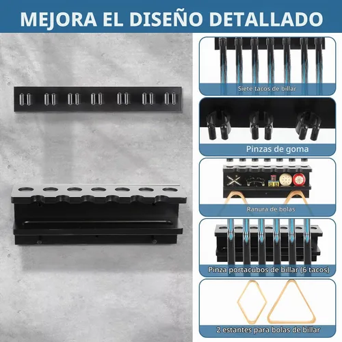 Vista 3 de Soporte de pared para palo de billar, soporte de madera maciza para 7 palos, soporte de pared con garra para decoración de billar, accesorios, negro