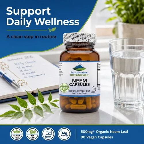 Vista 9 de Pure Mountain Botanicals Neem Cápsulas – Hoja de Neem orgánica de 500 mg – 90 cápsulas Kosher veganas – Suplemento para la piel y el bienestar