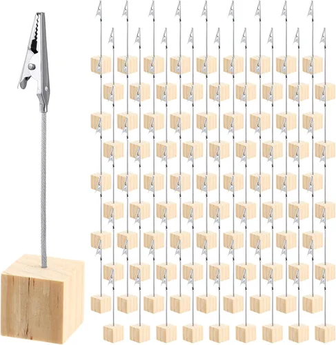Vista 13 de Gersoniel 20 Piezas Soporte de Clip para Notas Base Cúbica con Clip de Cocodrilo Soporte de Números de Mesa de Madera Base Cúbica Soporte