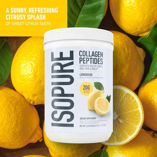 Vista 3 de Isopure - Péptidos de colágeno en polvo, para el cabello, las uñas, la piel y las articulaciones, con vitamina C y biotina, sabor limonada, 20g