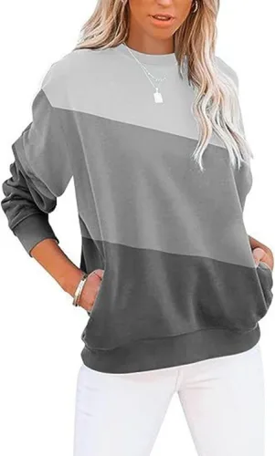 Vista 6 de Sudadera para mujer, casual, cuello redondo, manga larga, bloque de color, suave, holgada, con bolsillo, S-2XL