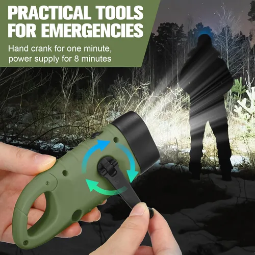 Vista 5 de Leelosp - Linterna solar de emergencia con manivela, 2 unidades, color verde militar Rechargeable Dynamo Flashlight, Wind up for Outdoor Hiking