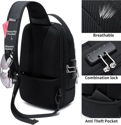 Vista 32 de DUSLANG Mochila de hombro para senderismo, bolsa cruzada para hombres, bolsas de pecho con puerto de cargador USB para campamento casual, ciclismo