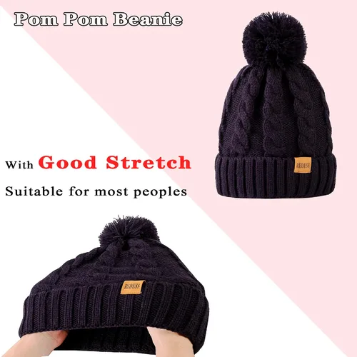 Vista 4 de REDESS Gorro de invierno con pompón para mujer con forro polar cálido, gorro de esquí grueso y holgado de punto de nieve