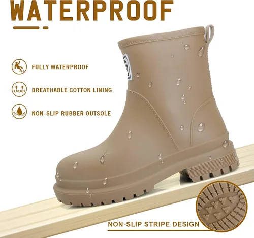 Vista 2 de Botas de lluvia para mujer, botas de jardín impermeables, botas de lluvia cortas, cómodas, ligeras, al tobillo, zapatos de lluvia con plataforma