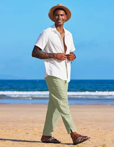Vista 4 de COOFANDY Pantalones harén de lino con cordón para hombre, cintura elástica, ligeros, pantalones hippie, verano, playa, yoga