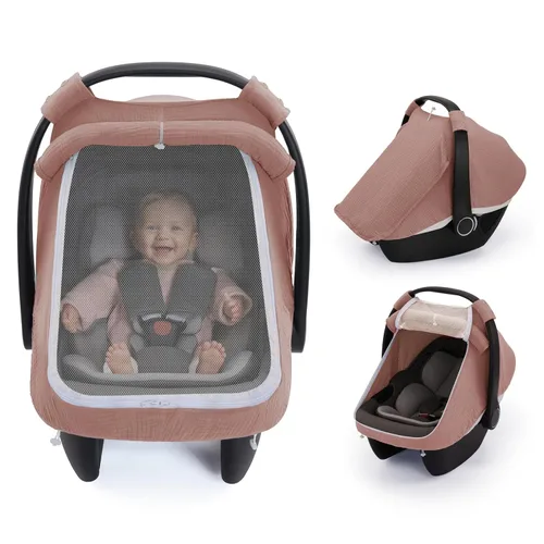 Vista 9 de Blissful Diary Cubierta de asiento de coche para bebé, ventana de malla extra grande, muselina de algodón transpirable, toldo infantil a prueba