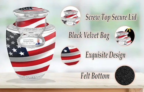 Vista 6 de Urnas de cremación personalizadas con medallón veterano de la bandera estadounidense para cenizas de adultos, hombres y mujeres, urnas funerarias