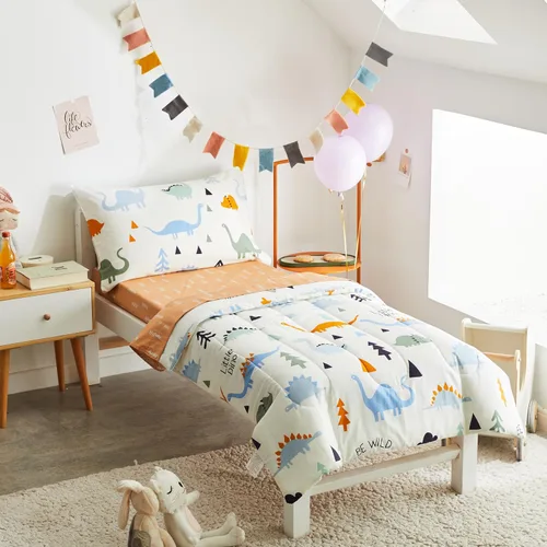 Vista 2 de Joyreap Juego de ropa de cama de algodón de 4 piezas para niños y niñas, diseño reversible con temática de dinosaurios, color crema y naranja