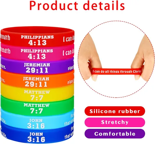 Vista 4 de Chalyna 48 pulseras con versículos bíblicos motivacionales, pulseras de goma cristianas a granel, pulseras inspiradoras de las Escrituras cristianas