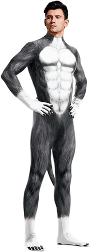Vista 40 de Disfraz de animal para hombre con estampado de cola grande, overol peludo de elastano para cosplay, fiesta de Halloween