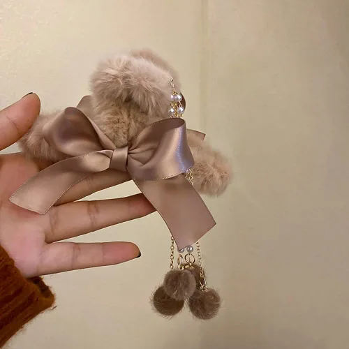 Vista 3 de Jumwrit Pinzas para el cabello con mandíbula de plátano peludas con lazos, borlas de perlas y fijación fuerte para mujeres y niñas, accesorios