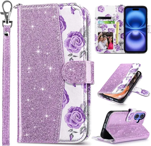 Vista 43 de ULAK Funda tipo billetera compatible con iPhone 15 para mujeres, funda tipo cartera con estampado floral de piel PU premium con porta tarjetas