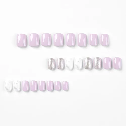 Vista 5 de Uñas postizas cuadradas cortas a presión, uñas postizas de color rosa, de cobertura completa, uñas postizas con purpurina plateada con diseños