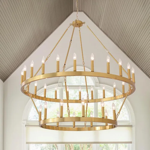 Vista 10 de Candelabro de iluminación de rueda de carro, 6 luces con pantalla de vidrio semillado, lámpara redonda de madera para cocina, isla de vestíbulo