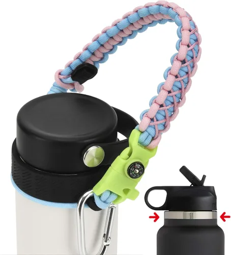 Vista 8 de Asa de cuerda de paracaídas para botellas Hydroflask 2.0 de boca ancha y estándar, con nuevo soporte de anillo de seguridad, 12oz - 64oz