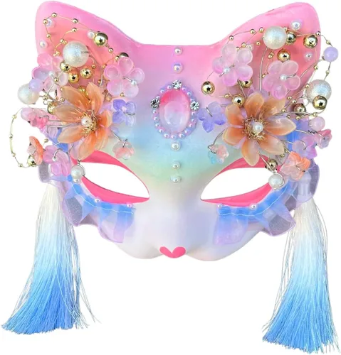 Vista 8 de YangYong Máscara japonesa Kitsune, colección de gatos Foxy con perla y decoración de cristal