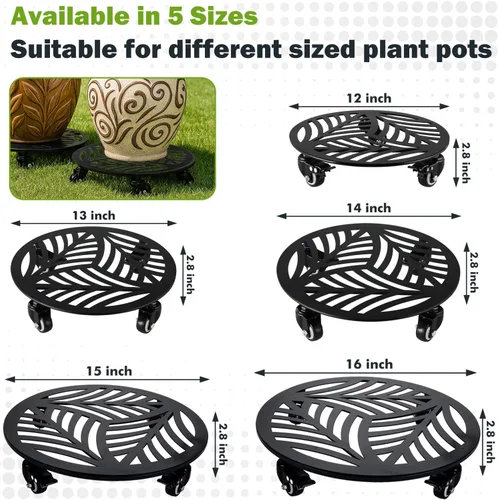 Vista 3 de 1 paquete de 30 cm de gran organizador de plantas de metal con 3 ruedas de PU metálicas, soporte rodante para plantas con ruedas para interiores