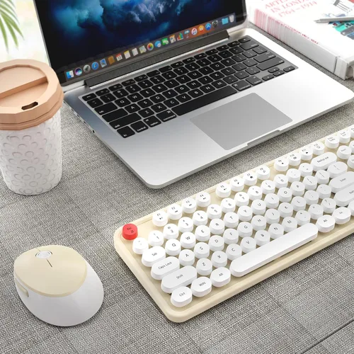 Vista 9 de HotFox Combo de Teclado y Ratón Inalámbrico, Teclado Retro de Máquina de Escribir de Tamaño Completo con Keycaps Redondos, Diseño Ergonómico para PC