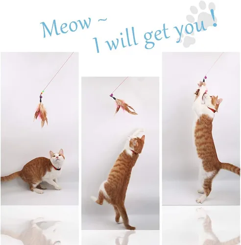 Vista 2 de MAIYU Juguete de varita de plumas para gatos, paquete de 3 unidades de alambre de acero, entrenamiento interactivo para gatos, campanas de cuentas
