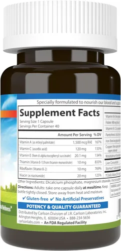 Vista 2 de Carlson - Nutrientes en la sangre, 28 mg de hierro, desarrollo sanguíneo, absorción de hierro y bienestar óptimo, 40 cápsulas