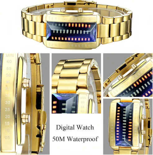 Vista 5 de Reloj digital digital para hombre, diseño de matriz binaria creativa, resistente al agua, de acero inoxidable, de plata militar