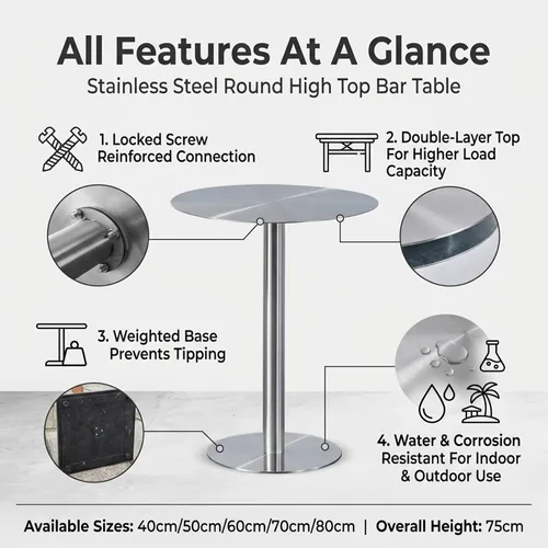 Vista 7 de Stainless Steel Bistro Table, Round or Square, Brushed Metal, 40-80cm