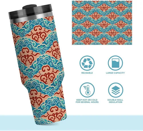 Vista 8 de Botellas de agua reutilizables al vacío con diseño de nube de cultura china, tapa a prueba de fugas y pajita, taza de té decorativa para agua, té