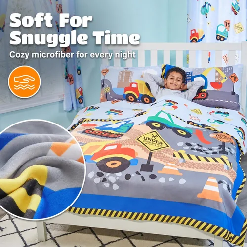 Vista 3 de EVERYDAY KIDS Edredón de cama tamaño individual/matrimonial para niños pequeños con camiones volquete y excavadoras; ropa de cama para niños