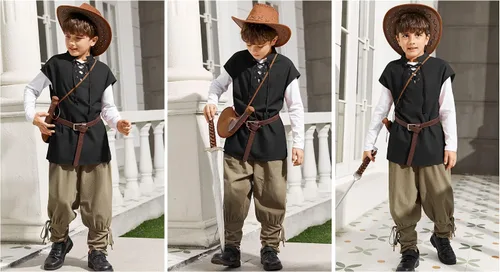 Vista 4 de Disfraz medieval de Halloween para niños, renacentista, caballero vikingo, pirata, guerrero, cosplay, con cordones, camiseta sin mangas