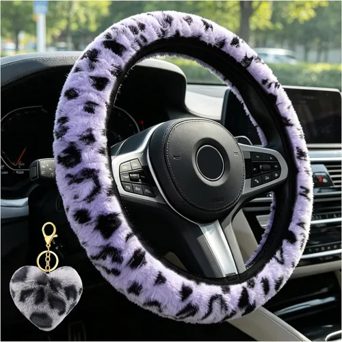 Vista 12 de Funda de volante de leopardo con llavero, protector de volante de piel elástica y mullida, guepardo, accesorios de automóvil para mujeres y niñas