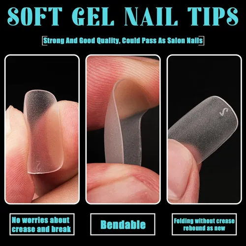 Vista 3 de 240 puntas de uñas ovaladas cuadradas medianas, 15 tamaños mejorados de gel suave esmerilado, puntas de uñas de gel suave esmerilado, puntas de uñas