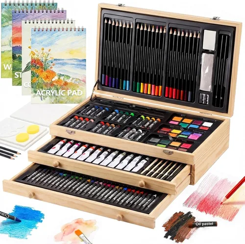 Vista 11 de Juego de arte de lujo de 194 piezas, suministros de pintura y dibujo con 4 blocs de dibujo, pinturas acrílicas, crayones, set de lápices