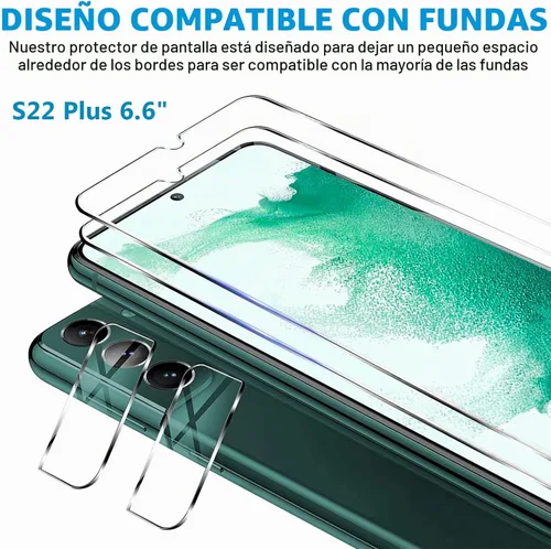 Vista 5 de [Paquete de 3+3] Protector de pantalla de vidrio para Samsung Galaxy S22 Plus 5G, vidrio templado 9H, compatible con huellas dactilares
