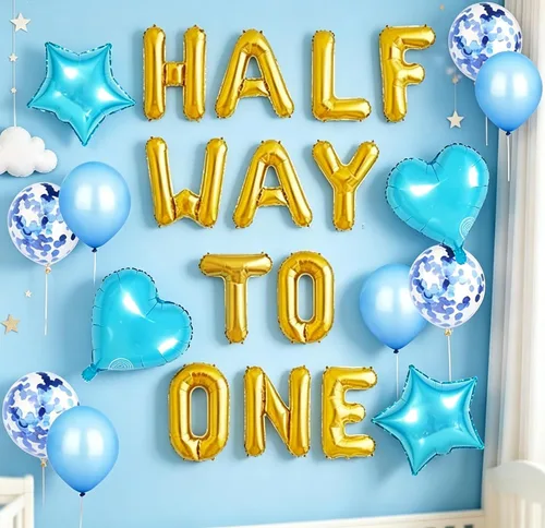 Vista 9 de JeVenis Globos de Mitad Camino a Uno para Cumpleaños de 1/2 Año, Decoraciones de Cumpleaños de Mitad Camino a Uno (azul) Globos de Half Way To One