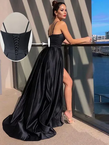 Vista 2 de Xjizu Vestido de fiesta de satén con tirantes delgados para mujer, vestidos largos de fiesta de noche con bolsillos