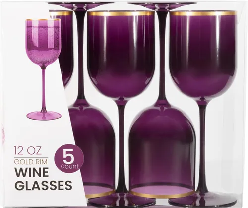 Vista 14 de PLASTICPRO Juego de 5 copas de vino de plástico con borde dorado, elegantes copas de vino de plástico duro en tallo de 12 onzas