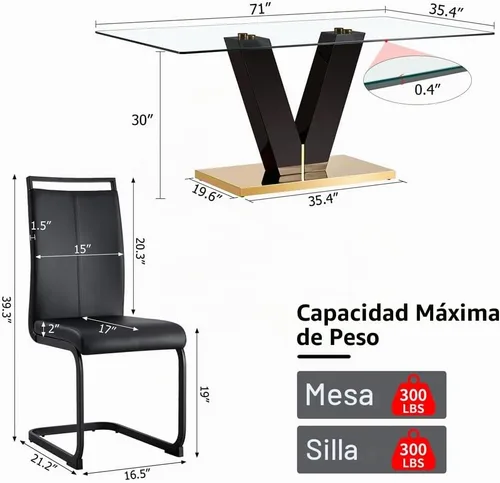 Vista 2 de Juego de mesa de comedor de cristal de 71 pulgadas para 4, juego de mesa de cocina moderno para 4, juego de mesa de comedor para el hogar