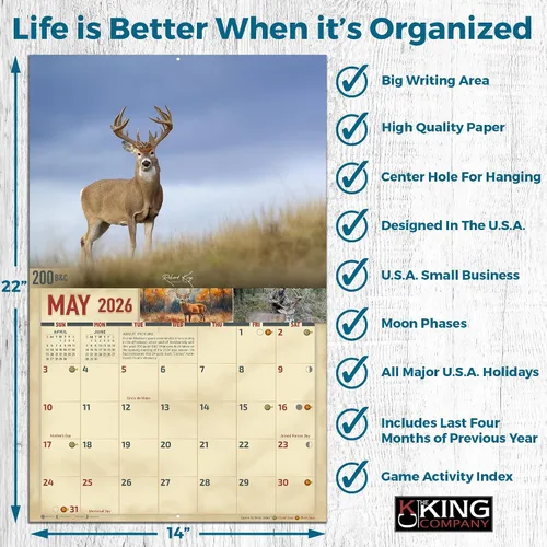 Vista 4 de Calendario de pared de venado cola blanca monstruo 2026, 16 meses, tamaño XL, 14x22, Calendario Big Buck Rack de The KING Company - Calendarios