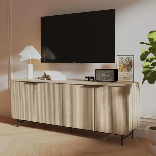 Vista 10 de Soporte de TV acanalado de mediados de siglo para TV de 55 a 75 pulgadas, centro de entretenimiento negro con almacenamiento, soporte de televisión