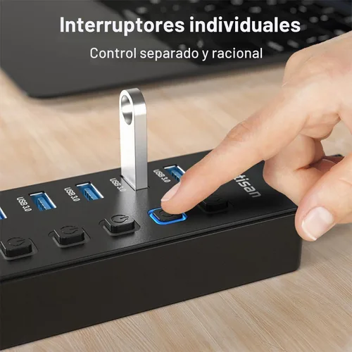 Vista 3 de Hub USB alimentado, divisor de concentrador USB 3.0 de 11 puertos, 10 puertos de transferencia de datos USB 3.0 + 1 puerto de carga inteligente
