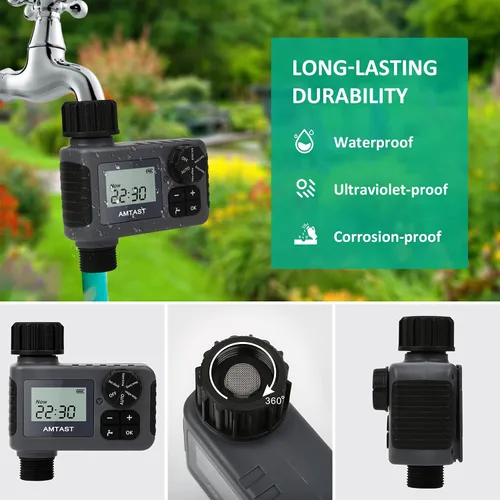 Vista 2 de Temporizador de riego programable para manguera de jardín con retardo de lluvia, función de riego por goteo manual/automático, sistema de riego