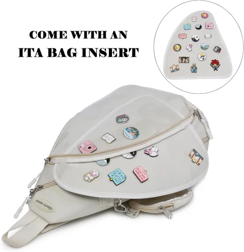 Vista 7 de Bolsa Oxford Ita Kawaii con Pin de Exhibición, Mochila Deportiva de Hombro Único, Mochila de Senderismo, Mochila de Día, Beige