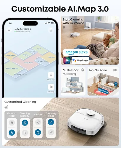 Vista 8 de eufy C28 - Combo de aspiradora y trapeador robot blanco 2026, succión de 15,000 Pa, mopa con rodillo autolimpiante HydroJet, mejorado desde X10 Pro
